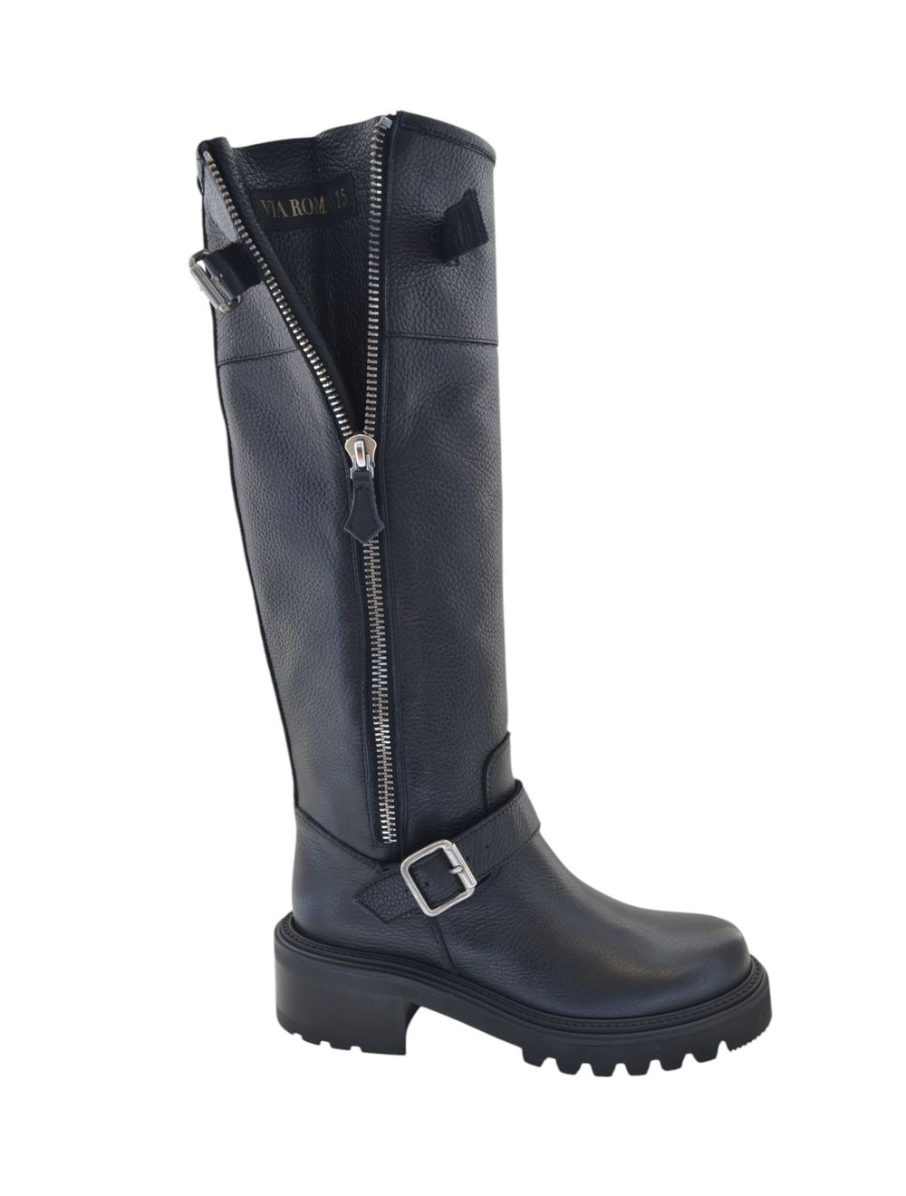 Biker in pelle nera con cerniera e doppia fibbia 4486